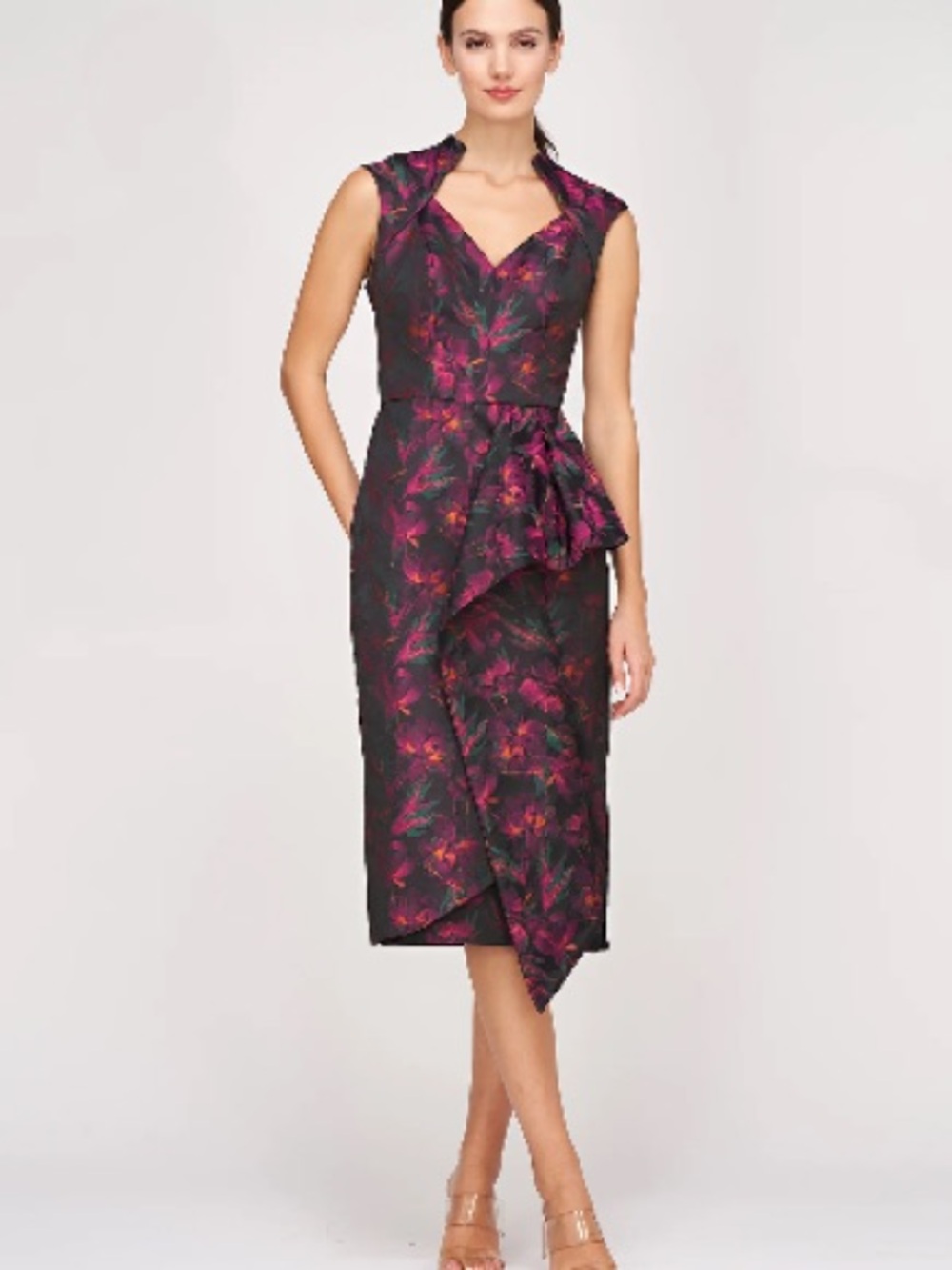 Kay Unger Kensley Floral Cocktail Dress with Pink Floral Print and Ruffle